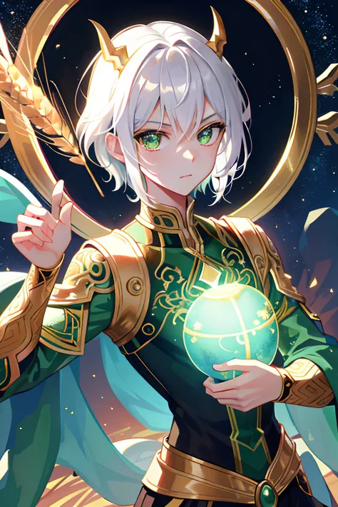 filigree，（Most Best Illustration），8K分辨率，Complicated details，best qualtiy，realisticlying，ultra - detailed，best illuminate，best shadow，hyper HD, (((A handsome young))), ((teenage:1.5)), (Glowing green eyes), (Eyes have light)，Red Eyeshadow，short detailed hai...