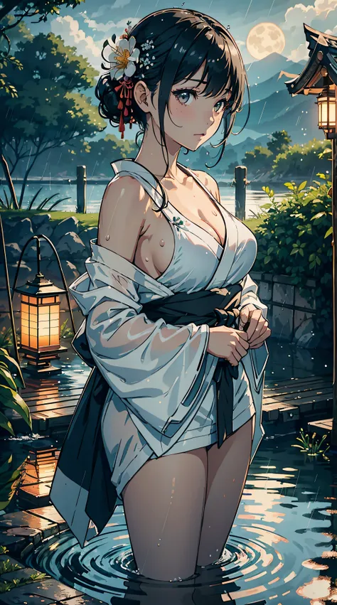 1girl, breasts, moon, lantern, night, solo, large breasts, hair ornament, wet, kimono, japanese clothes, wading, water, hair flower, flower, outdoors, sky, full moon, rain, black hair, off shoulder, mountain, cloud, holding, sash, bare shoulders, paper lan...