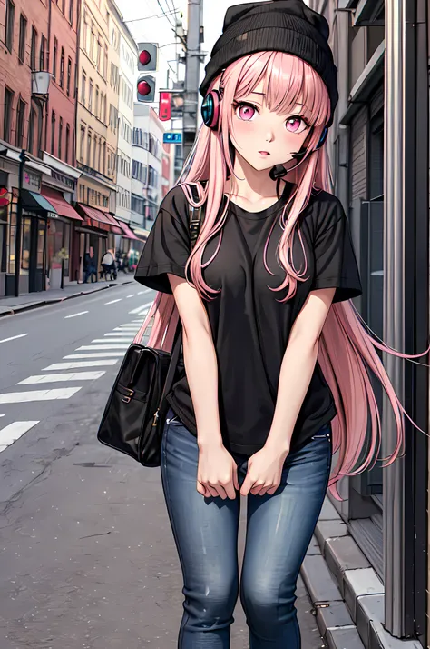 best quality,masterpiece,original,extremely detailed wallpaper,looking at viewer,1girl,solo,long hair,staright hair,pink hair,black beanie,black shirt,black jeans,headset,standing,blush,pink eyes, bag,