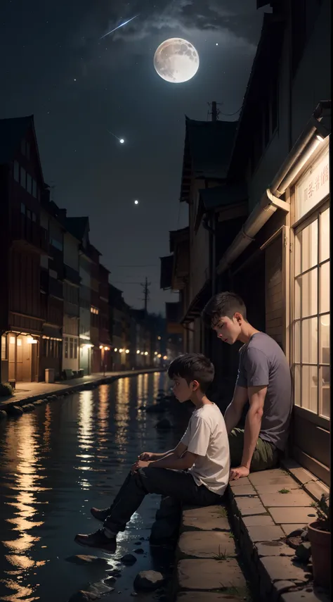 A boy sit on the site of river in the sining night and seeing tha moon