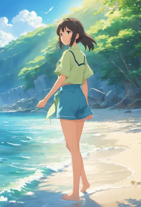 landscape, summer, blue sky, okinawa, private beach, cove, sea, uninhabited, beach, nobody, hot weather, sun, HD detail, ultra detail, film, hyperrealism, soft light, deep focus bokeh, ray tracing, gwise on art station pixiv, makoto shinkai, art germ