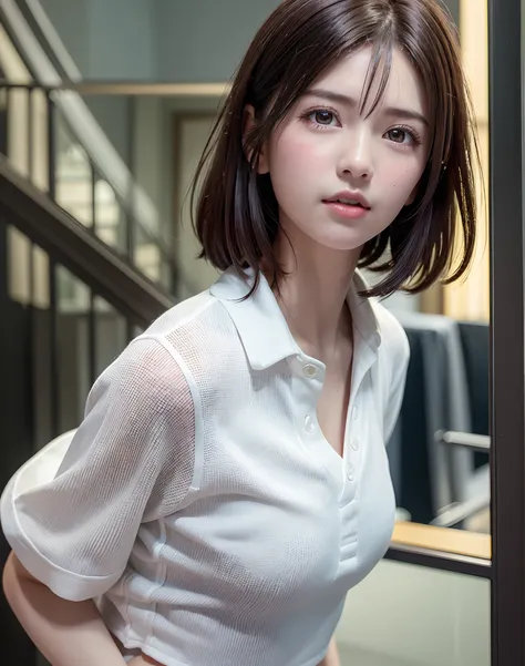 Super beautiful girl 1 person、独奏、White polo shirt、White sneakers、Tennis Wear、White mini skirt、​masterpiece、top-quality、realisitic、Hyper-detailing、(Glossy skin、be sweaty:1.4)、absurderes、Looking at the camera、short dark hair、brown-eyed、A slender、动态照明、hight r...