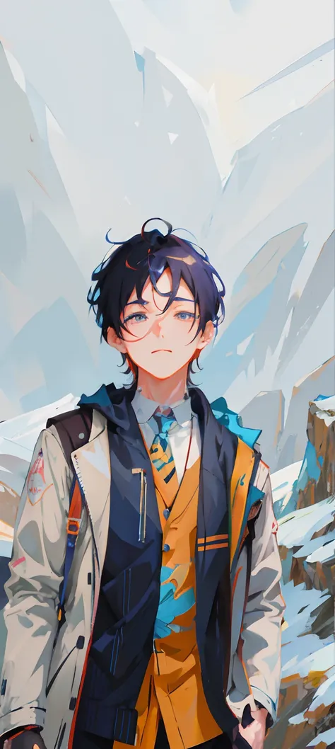 anime - style painting of a man in a jacket and tie standing in front of a mountain, artwork in the style of guweiz, guweiz, digital anime illustration, high quality anime artstyle, inspired by Yanjun Cheng, inspired by Bian Shoumin, anime artstyle, anime ...