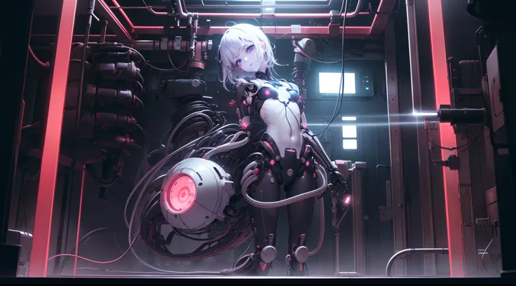 beautiful girl,Bio mechanical, (((head and upped body))), connected to machine, (((no body))), (((no lower body))), wires, cables, mechanical hands,(((no legs))), looking at viewer, pale, small glowing led, neon, extremely detailed