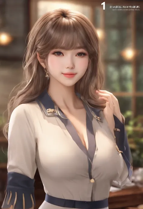 Shiina noon, Classroom, uniform, Highest quality, Highly detailed, Realistic shadows, Realistic textureLight viollet hair, blunt bangs, asymmetrical hair, hair behind ear, long hair, wavy hair, blue eyes, eyebrows behind hair, serious, facial hair, close-u...