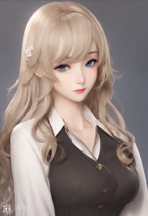 Shiina noon, Classroom, uniform, Highest quality, Highly detailed, Realistic shadows, Realistic textureLight viollet hair, blunt bangs, asymmetrical hair, hair behind ear, long hair, wavy hair, blue eyes, eyebrows behind hair, serious, facial hair, close-u...