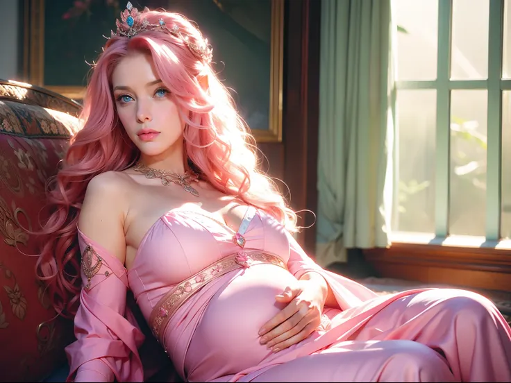 a woman, long curly hair, pink hair, blue eyes, elf, pregnant, sitting, princess, wearing crown