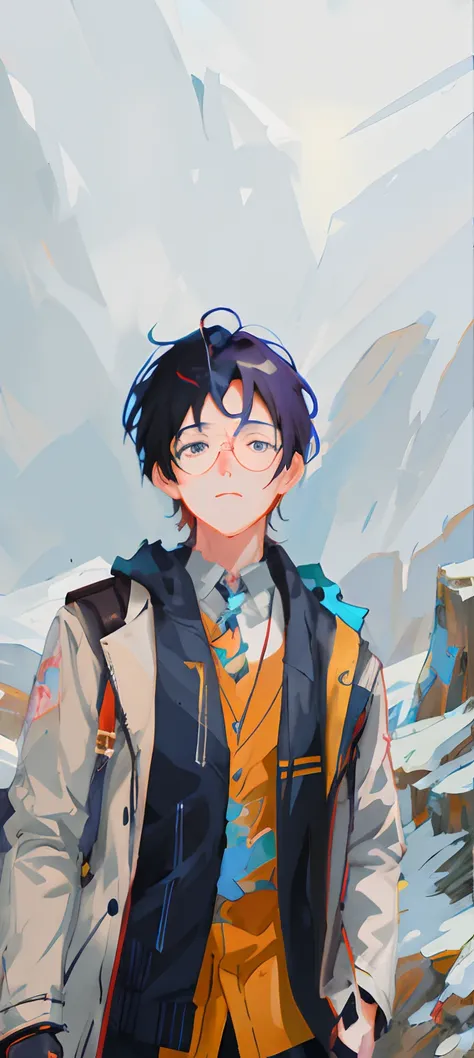 anime character with glasses and a jacket standing in front of a mountain, artwork in the style of guweiz, 2 d anime style, anime moe artstyle, anime artstyle, high quality anime artstyle, anime boy, guweiz, anime style portrait, in an anime style, digital...