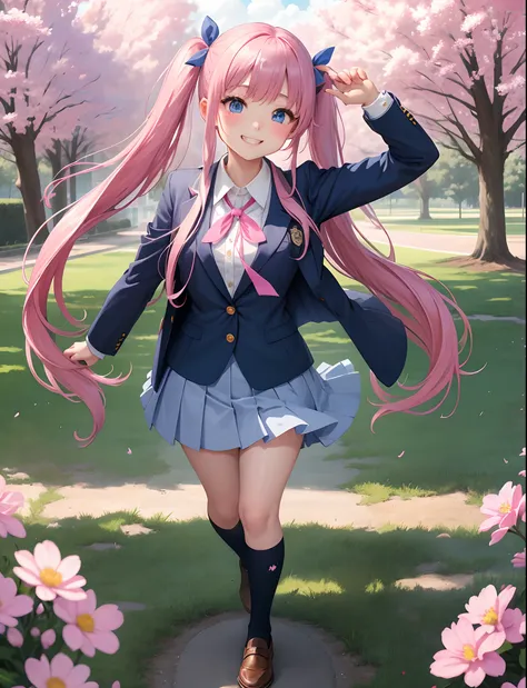 ​masterpiece:1.2、hightquality、top-quality、hight resolution、detaileds、A hyper-realistic、Beautiful schoolgirl looking mature、adult-like、High School Uniform、Dark blue blazer、Pink mini skirt、Pink ribbon、long hair with pink twin tails,,,、Beautiful blue eyes、Hig...