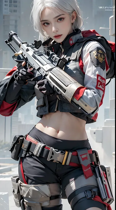 Photorealistic, high resolution, 1womanl, Solo, Hips up, view the viewer, (Detailed face), White hair, SWAT vests, Gun, jewelry