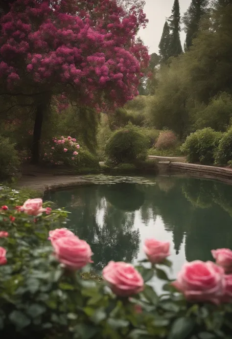 lake in the middle of the Secret Garden Flowers, pink rose bushes, photorealistic