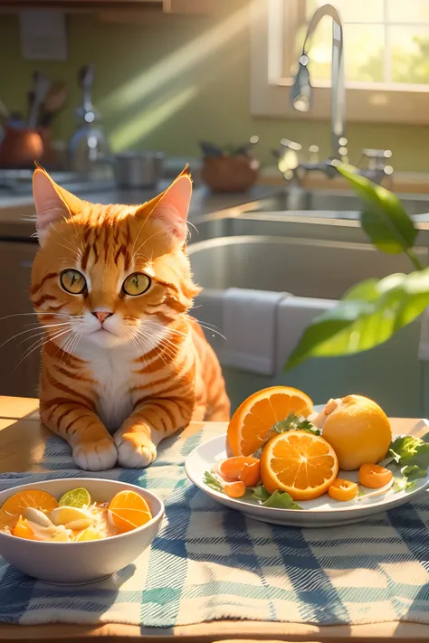 Orange cat, On the kitchen table, There is fish on the plate, and the sun was shining brightly, the detail, k hd,