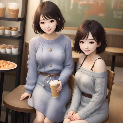 Realistic college girl in kashkur knitted dress、short-hair、cafes