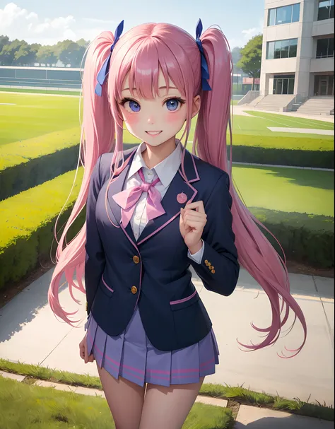 ​masterpiece:1.2、hightquality、top-quality、hight resolution、detaileds、A hyper-realistic、Beautiful schoolgirl looking mature、adult-like、High School Uniform、Dark blue blazer、Pink mini skirt、Pink ribbon、long hair with pink twin tails,,,,、Beautiful blue eyes、Hi...