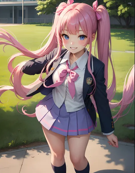 ​masterpiece:1.2、hightquality、top-quality、hight resolution、detaileds、A hyper-realistic、Beautiful schoolgirl looking mature、adult-like、High School Uniform、Dark blue blazer、Pink mini skirt、Pink ribbon、long hair with pink twin tails,,,,、Beautiful blue eyes、Hi...