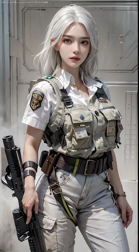 Photorealistic, high resolution, 1womanl, Solo, Hips up, view the viewer, (Detailed face), White hair, SWAT vests, Gun, jewelry