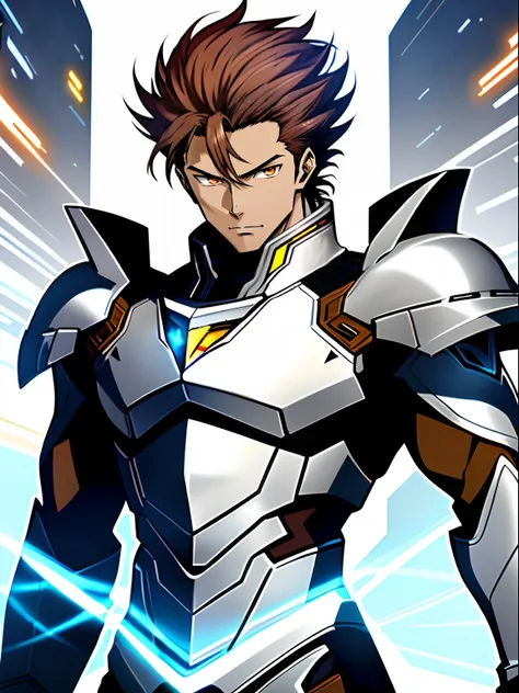 Male anime character with brown hair with futuristic look，brown  hair，with brown eye, Silver Ice Future Technology Armor, high detailed official artwork，with sleek silver armor,