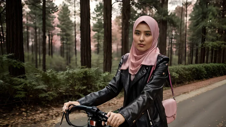 woman in hijab on a bicycle with a pink bag, shot on nikon z9, taken with sony alpha 9, full protrait, shot on sony a 7 iii, mid...