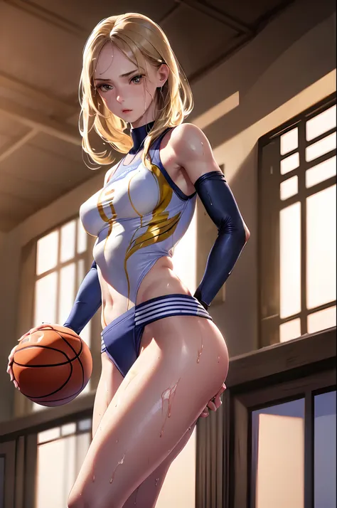 1girl in, (8K, Raw photo, Best Quality, masutepiece:1.2), (Realistic, Photorealsitic:1.37), Solo,Ultra-detailed,Basketball player,Teenage girl, (Detailed beautiful face)small head,Cute face, Large breasts,Narrow waist,nice legs,  (Detailed realistic skin),...