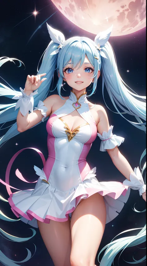 Super Idol　a beauty girl　A charming smile　sky blue hair　length hair　Twin-tailed　Bright pink and white leotard outfit　Mystical　Fantasia　constellation　a moon　Crystal Brilliance　Aurora Borealis in the Night Sky