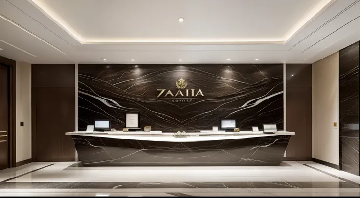 top-quality、​masterpiece、Hotel lobby designed by Zaha Hadid,Concierge counter. Photorealistic and hyperrealistic