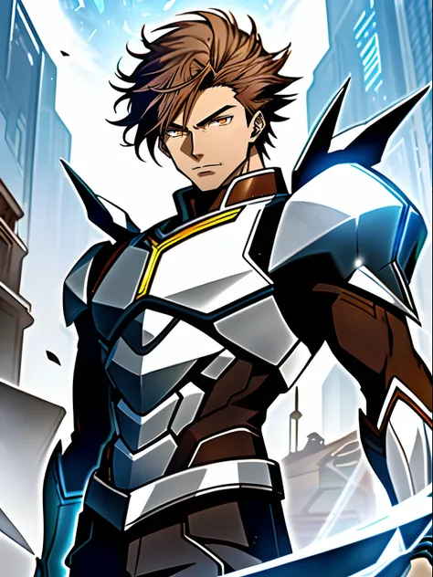 Male anime character with brown hair with futuristic look，brown  hair，with brown eye, Silver Ice Future Technology Armor, high detailed official artwork，with sleek silver armor,