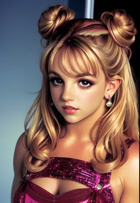 Britney Spears anos 1990, (foco nítido:1.2), foto, jovem atraente, (rosto bonito:1.1), olhos detalhados, lush lips, (delineador alado:0.85), (corpo perfeito:1.2), (cabelo loiro:1.2), usando (vestido:1.2) em uma (Presentation:1.2). (grumpy lighting: 1.2), p...