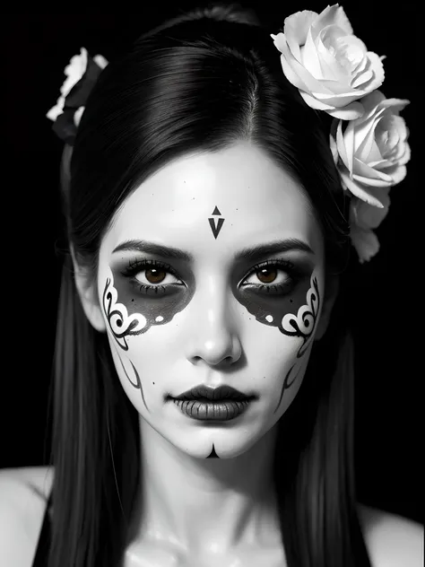 A visually stunning Day of the Dead Sugar Skull Latina. Masterpiece, beautiful artwork, ultra detailed, best quality, intricately detailed, super-fine details, clean line art, photorealistic, monochrome, by artgerm, mcbess, Yoji Shinkawa