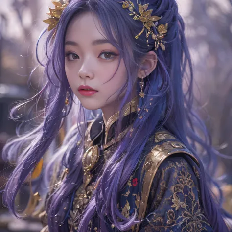 Genki Girl 32K（tmasterpiece，k hd，hyper HD，32K）Long flowing bright purple hair，Autumn Pond，zydink， a color， Asian people （Genki girl）， （Silk scarf）， Combat posture， looking at the ground， long whitr hair， Floating bright purple， Fire cloud pattern gold tiar...