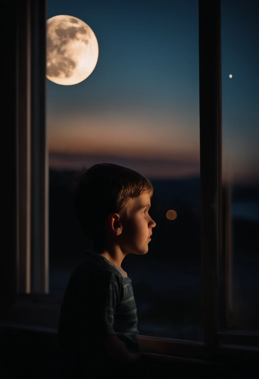 A boy seeing the moon at night from his window, ultra realistic hd