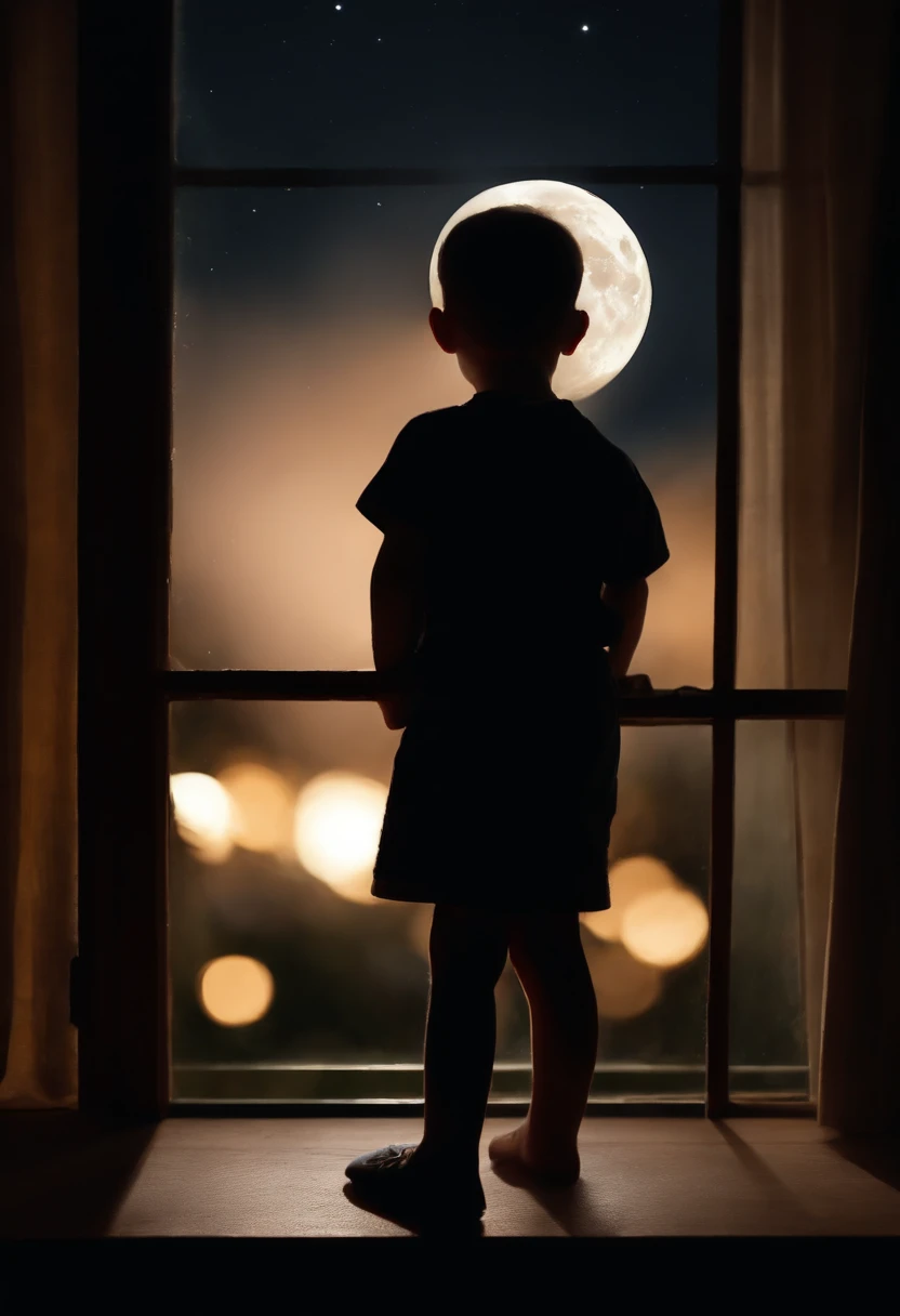 A boy seeing the moon at night from his window, ultra realistic hd