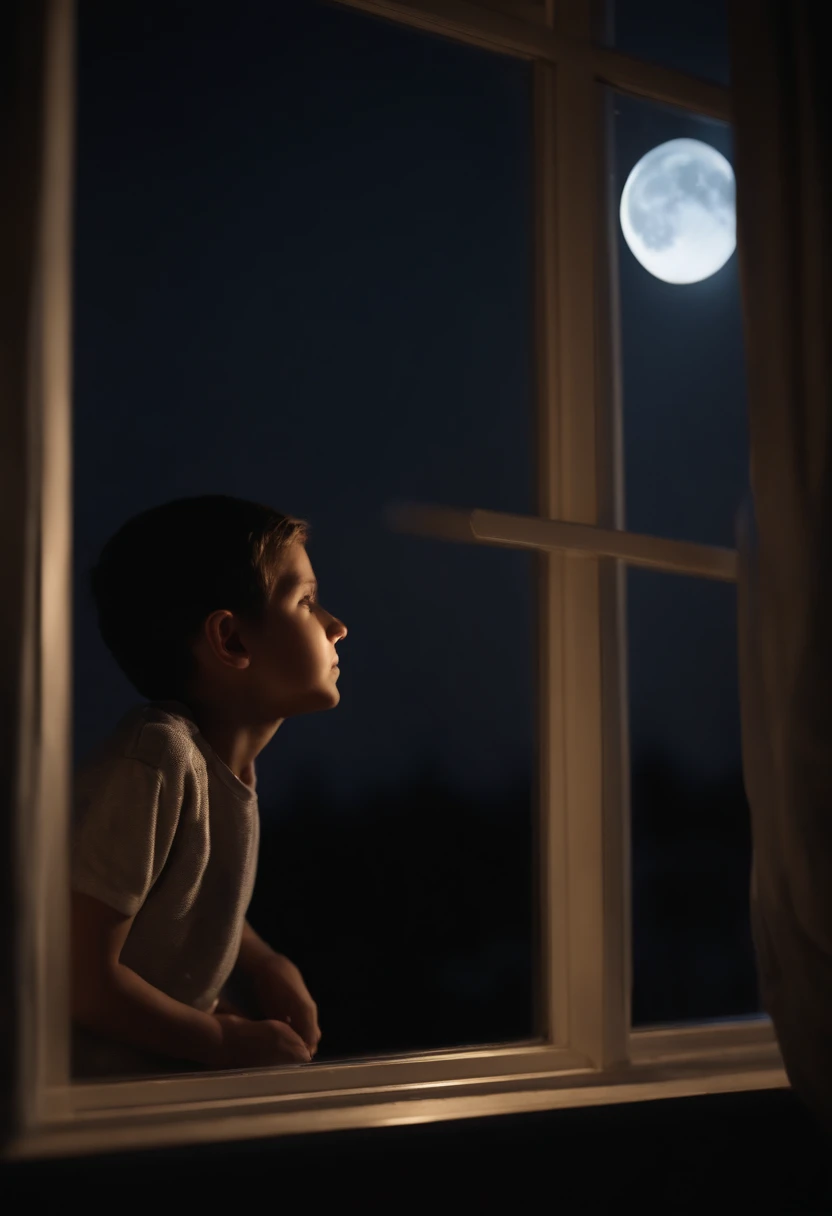 A boy seeing the moon at night from his window, ultra realistic hd