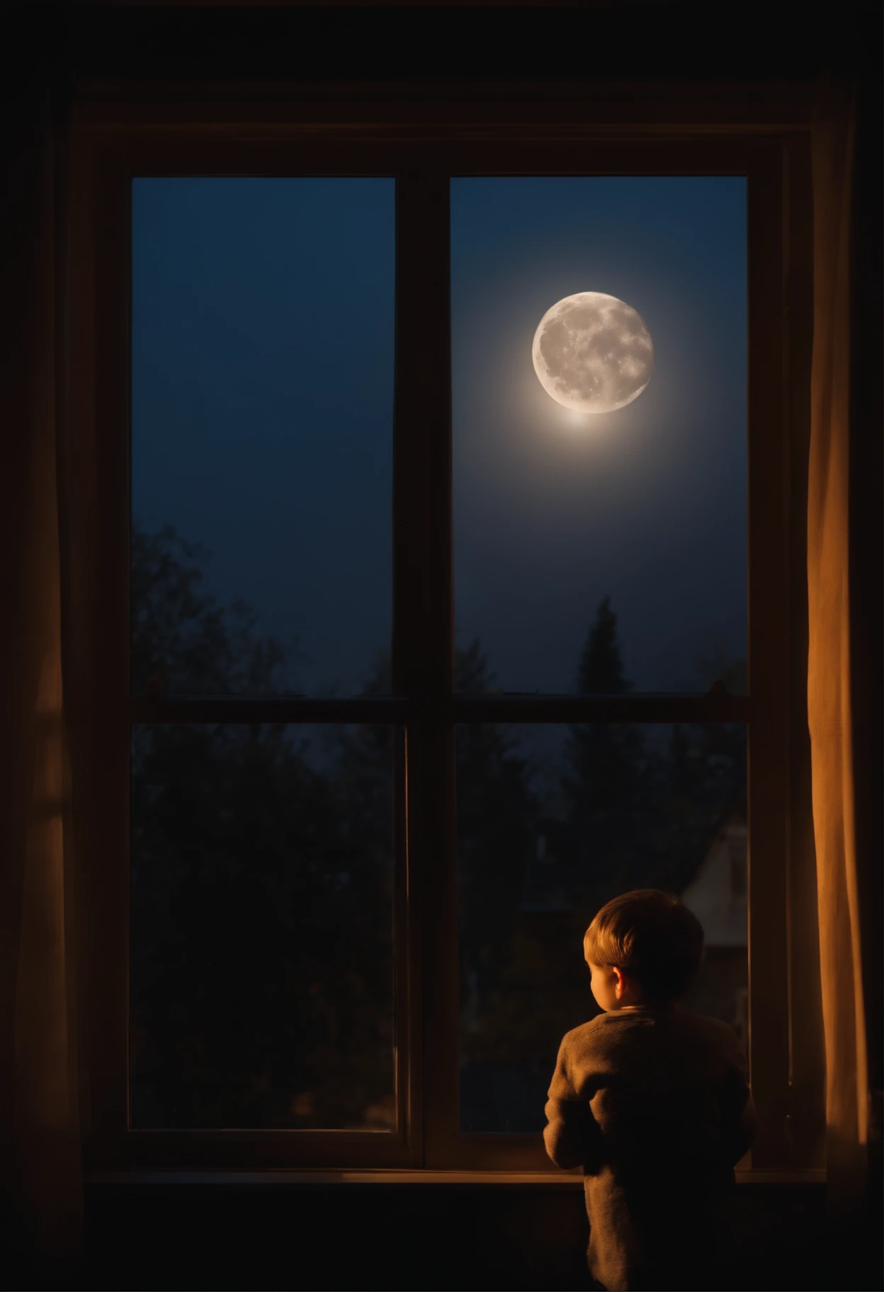 A boy seeing the moon at night from his window, ultra realistic hd