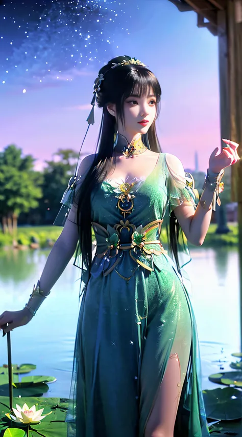 (((1 fairy standing on a lotus pond))), ((short dress)), hair jewelry, double tail, (exquisite and exquisite jewelry), flawless ...