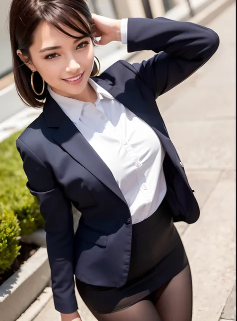 (8k, Best Quality, Masterpiece:1.2), (Realistic, Photorealistic:1.37), Ultra Detail, 1 Girl, Full Body, Outdoor, (Adjusted Hair:1.5) Office Lady, Black Office Blazer, Office Skirt, (pantyhose: 1.2), (short button-down shirt: 1.2), button-up collar prim, bu...