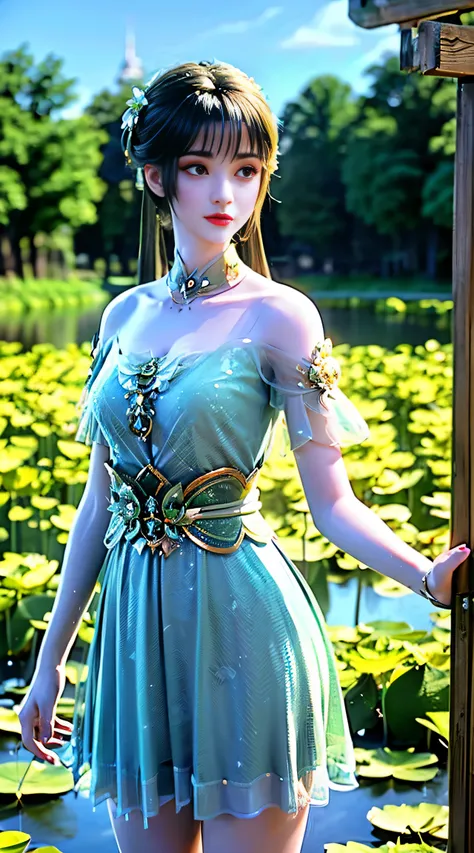 (((1 fairy standing on a lotus pond))), ((short dress)), hair jewelry, double tail, (exquisite and exquisite jewelry), flawless ...