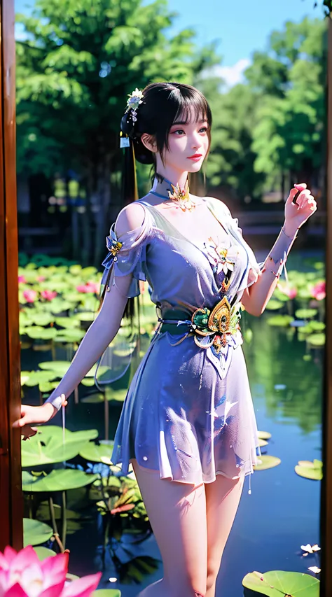 (((1 fairy standing on a lotus pond))), ((short dress)), hair jewelry, double tail, (exquisite and exquisite jewelry), flawless beautiful face of goddess Athena, ((hanfu white blue see-through thin sequins with many details )), legendary goddess, symbolic ...