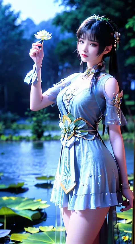 (((1 fairy standing on a lotus pond))), ((short dress)), hair jewelry, double tail, (exquisite and exquisite jewelry), flawless ...