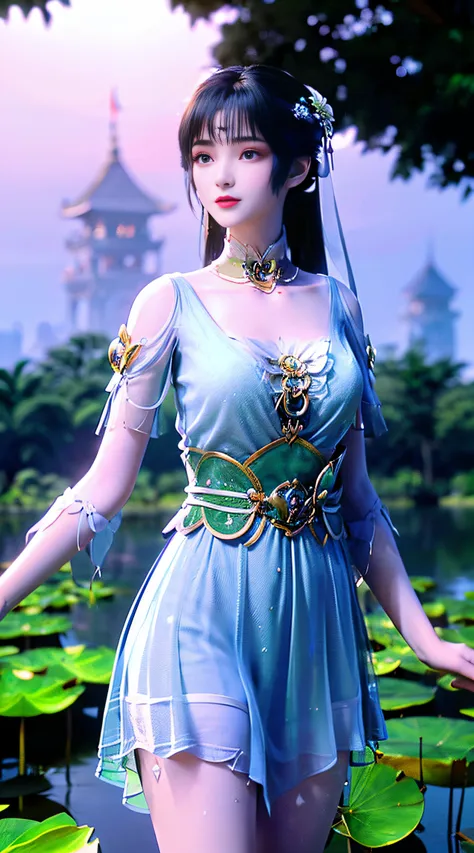 (((1 fairy standing on a lotus pond))), ((short dress)), hair jewelry, double tail, (exquisite and exquisite jewelry), flawless ...