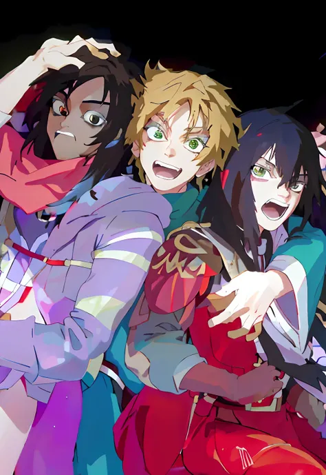 anime characters posing for a picture with a black background, official anime still, still from tv anime, Cute boy with long black hair, blonde pretty boy with white skin, cute brown boy with curly hair