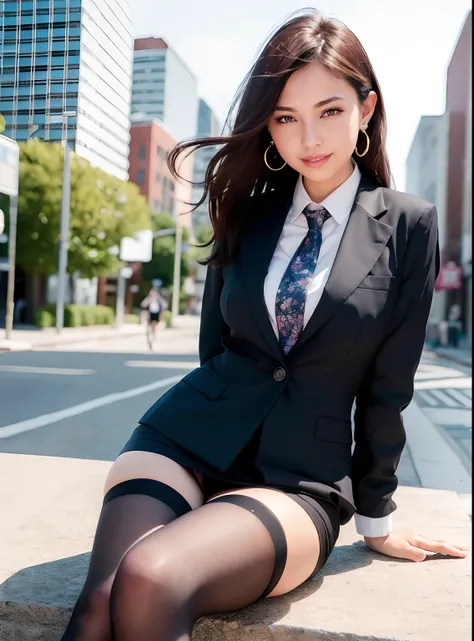 (8k, Best Quality, Masterpiece:1.2), (Realistic, Photorealistic:1.37), Ultra Detail, 1 Girl, Full Body, Outdoor, (Adjusted Hair:1.5) Office Lady, Black Office Blazer, Office Skirt, (pantyhose: 1.2), (short button-down shirt: 1.2), button-up collar prim, bu...