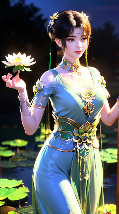 (((1 fairy standing on a lotus pond))), ((short dress)), hair jewelry, double tail, (exquisite and exquisite jewelry), flawless beautiful face of goddess Athena, ((hanfu white blue see-through thin sequins with many details )), legendary goddess, symbolic ...