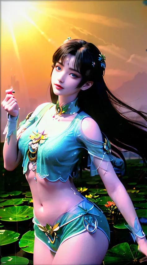 (((1 fairy standing on a lotus pond))), ((())), hair jewelry, double tail, (exquisite jewelry), flawless beautiful face of godde...