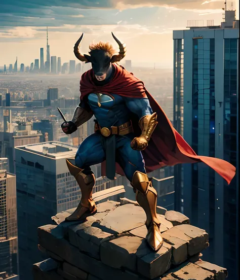 Superhero cow wearing a cape, muscular, horns, triumphant, standing on top of a building overlooking the city