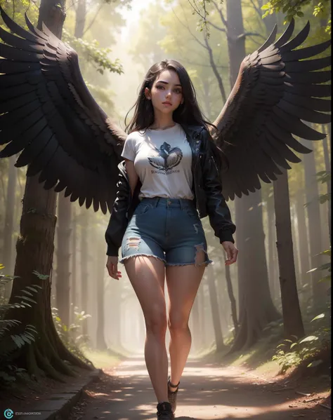 Full body portrait of a 20-year-old woman, cuerpo completo, gran trasero y grandes senos, muy detallado cg, textura detallada, usando ropa muy corta, with eagle wings, alas muy grandes, con cabello largo, en medio de un bosque, in daylight, atardecer, hipe...