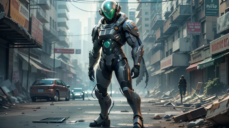 A highly technological and advanced alien soldier in an apocalyptic city