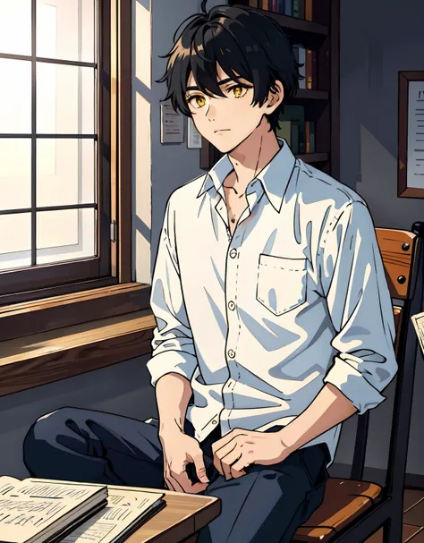 1boy, sitting, in the classroom, black hair, yellow eyes, calm atmosphere