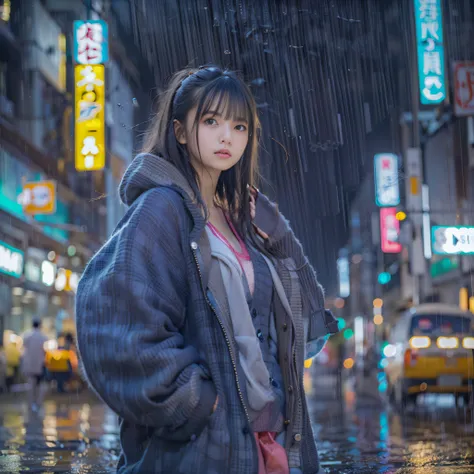 女の子1人、on tokyo street、A city scape、night cityscape、Neon Street、Rain at night、Rain-drenched body、The upper part of the body、a closeup、A smile、、(8K、Raw photography、top-quality、​masterpiece:1.2)、(realisitic、photoRealstic:1.37)、Highly detailed eyelash drawing、...