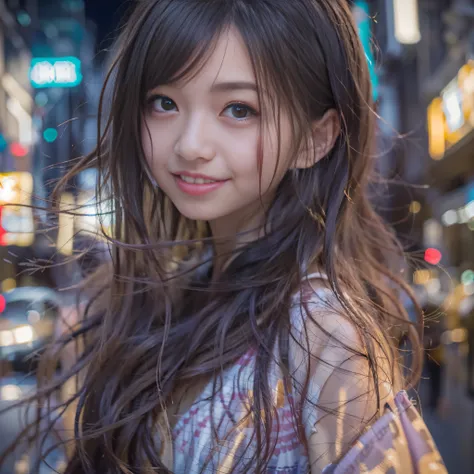 女の子1人、on tokyo street、A city scape、night cityscape、Neon Street、The upper part of the body、a closeup、A smile、、(8K、Raw photography、top-quality、​masterpiece:1.2)、(realisitic、photoRealstic:1.37)、Highly detailed eyelash drawing、(((Top image quality))),Colossal ...