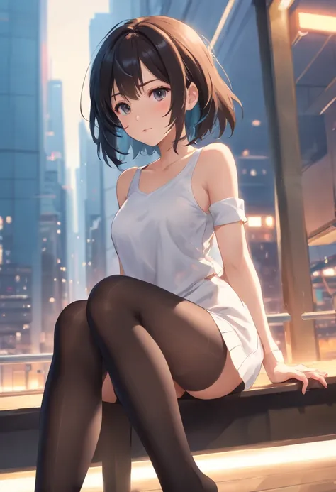 ((of the highest quality, 8K,RAW photo)), (Realistic, Photorealistic: 1.37), (legs focus: 1.1), Small breasts, Rounded chest, mid - length hair, Black hair，girl、age 22、Japanese idol system、(White tight-fitting top: 1.1)、short  skirt, , Sunlight, Movie ligh...